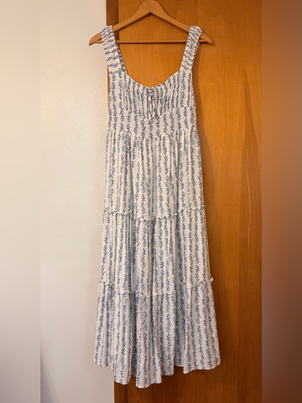 Boho Tiered White and Blue Floral Maxi Skirt